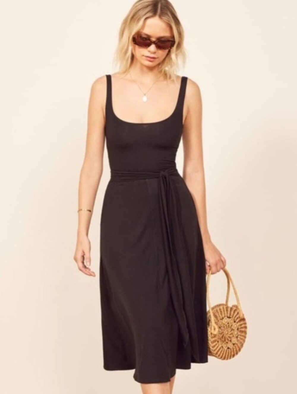 Reformation Black Sleeveless Jersey Midi Dress with Waist Tie